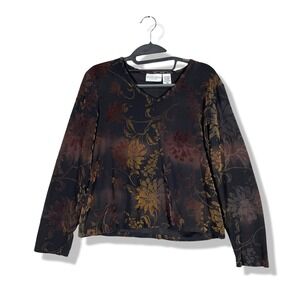 Jaclyn Smith Floral Velvet Burnout L/s Top Womens S Boho Dark Academia Romantic